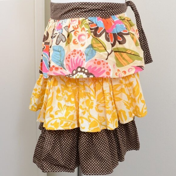 Pier 1 Imports Tiered Ruffle Half Apron Boho Flowers Dots - Picture 2 of 4